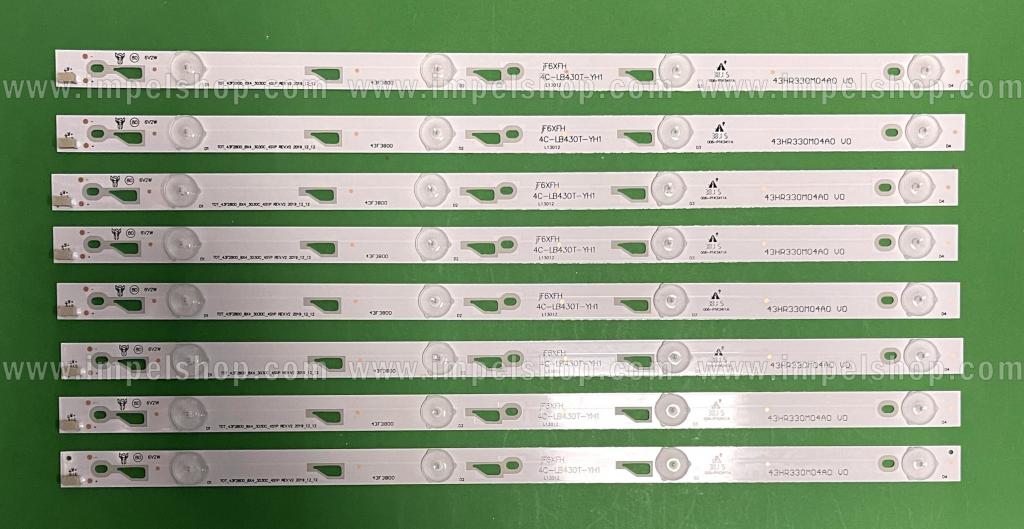 Zestaw listew LED do naprawy podświetlenia telewizora TCL 43" zestaw 8szt X 43HR330M04A0 V0 4C-LB430T-YH1 , TOT_43F2800_8X4_3030_4S1P REV.V2 , 4LED , 6V , 420MM